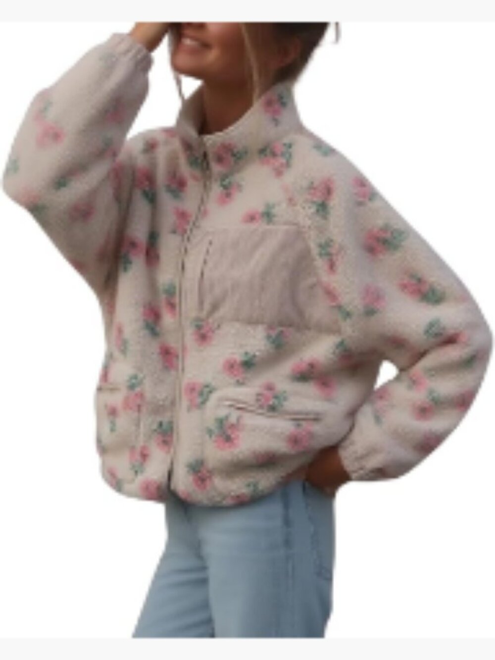 Women's Winter Casual Spliced Floral Fleece Jacket Fuzzy Oversized Faux Fur